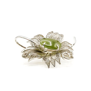 Vintage Floral Chrysoprase Silver Tone Brooch Pin