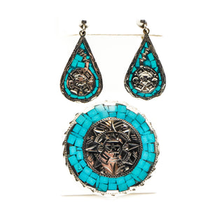 Vintage Mayan Sterling Silver Turquoise Inlay Brooch Pendant And Earrings Set