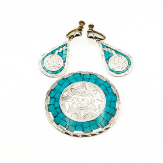 Vintage Mayan Sterling Silver Turquoise Inlay Brooch Pendant And Earrings Set