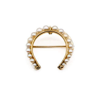 Vintage 9K Yellow Gold Horseshoe Pearl Brooch