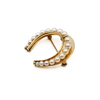 Vintage 9K Yellow Gold Horseshoe Pearl Brooch