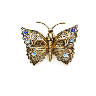 Antique Gold Plated Silver Filigree Butterfly Brooch Pin With Blue Enamel