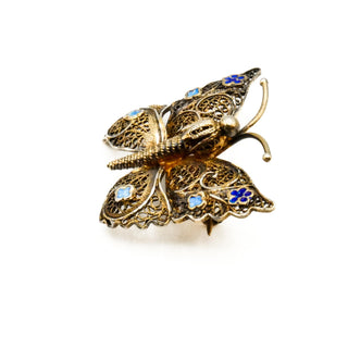 Antique Gold Plated Silver Filigree Butterfly Brooch Pin With Blue Enamel