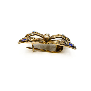 Antique Gold Plated Silver Filigree Butterfly Brooch Pin With Blue Enamel