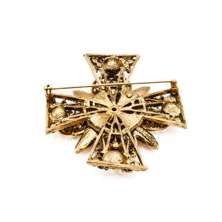 Vintage EMMONS Regal Splendor Ornate Maltese Cross Olivine Red Rhinestone Brooch