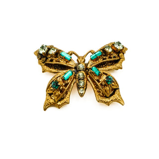 Vintage 1940's Gold Tone Green Rhinestone Butterfly Brooch Pin Made In Germany