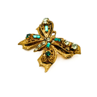 Vintage 1940's Gold Tone Green Rhinestone Butterfly Brooch Pin Made In Germany