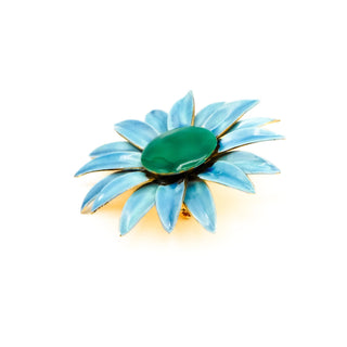 Vintage 1950's SANDOR Gold Plated Hand Painted Blue Flower Brooch Pin