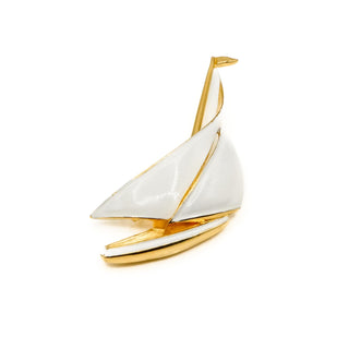 Vintage Crown TRIFARI Gold Plated White Enamel Sailboat Brooch Pin