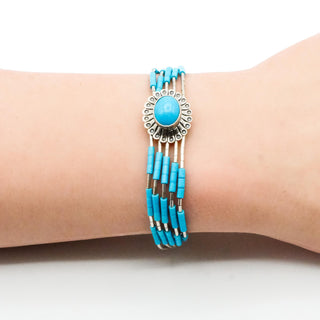 Vintage Native American Sterling Liquid Silver Turquoise Bracelet Size 7