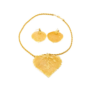 Vintage 24K Gold Dipped Natural Aspen Leaf Necklace And Earrings Set