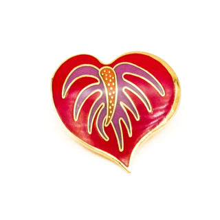 Vintage 1980's LAUREL BURCH Gold Plated Cloisonné Anthurium Flower Heart Brooch