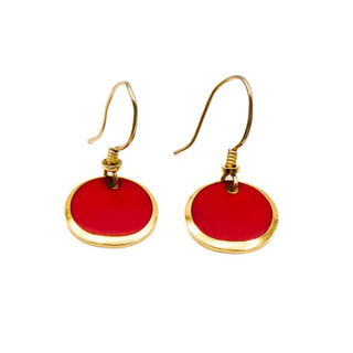 Vintage 1980's LAUREL BURCH Gold Plated Cloisonné Red Disc Dangle Earrings