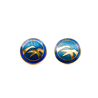 Vintage Rare LAUREL BURCH Gold Plated Cloisonné Blue Disc Stud Earrings