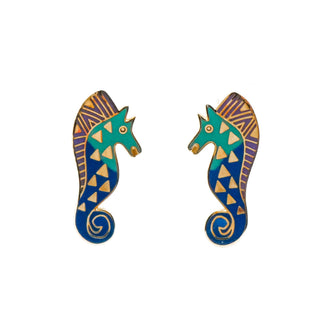 Vintage LAUREL BURCH Gold Plated Cloisonné "Sea Stallion" Stud Earrings