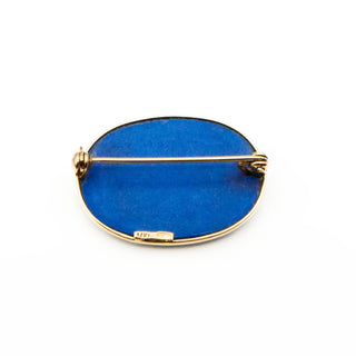 14K Yellow Gold Cameo Style Cat Blue Jasperware Brooch Pin