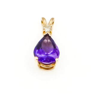 Vintage 14K Yellow Gold Pear Shaped Amethyst And Diamond Pendant