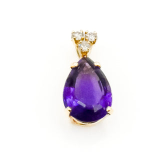 Vintage 14K Yellow Gold Pear Shaped Amethyst And Diamond Pendant