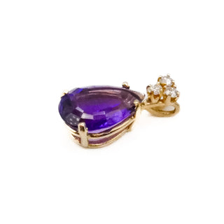 Vintage 14K Yellow Gold Pear Shaped Amethyst And Diamond Pendant