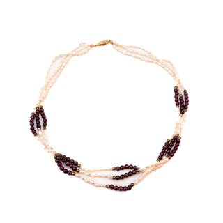 Vintage 19-Inch Cultured 5mm White Mini Baroque Pearl & Garnet Necklace GP Clasp
