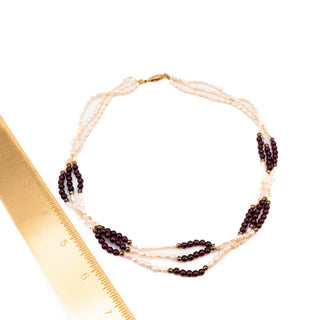 Vintage 19-Inch Cultured 5mm White Mini Baroque Pearl & Garnet Necklace GP Clasp