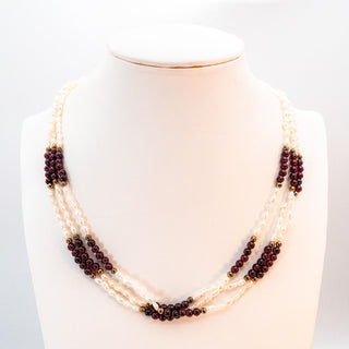 Vintage 19-Inch Cultured 5mm White Mini Baroque Pearl & Garnet Necklace GP Clasp