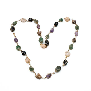 Vintage 31-Inch Multi-Gemstone Amethyst Jade Agate Quartz GP Wire Wrap Necklace