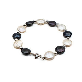 Vintage 7.5-Inch Cultured 11mm Black & White Coin Pearl Bracelet