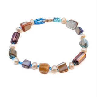Vintage Multi-Color Mother of Pearl & Cultured Pearl Beaded Bracelet 7.5 Inches