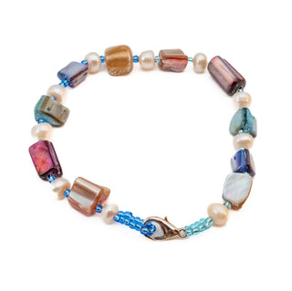 Vintage Multi-Color Mother of Pearl & Cultured Pearl Beaded Bracelet 7.5 Inches
