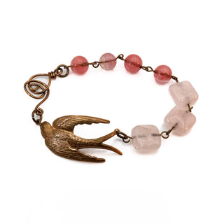 Vintage Copper Dove Beaded Rose Quartz Bracelet 7 Inches