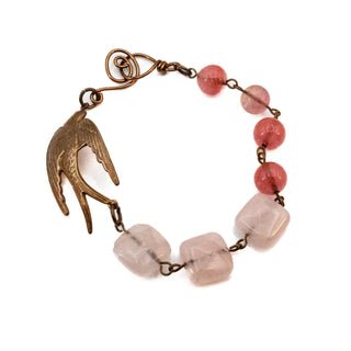 Vintage Copper Dove Beaded Rose Quartz Bracelet 7 Inches