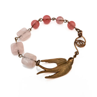 Vintage Copper Dove Beaded Rose Quartz Bracelet 7 Inches
