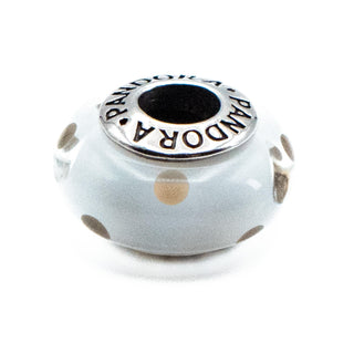 PANDORA Retired Black on White Murano Glass Polka Dot Bead Sterling Silver Charm