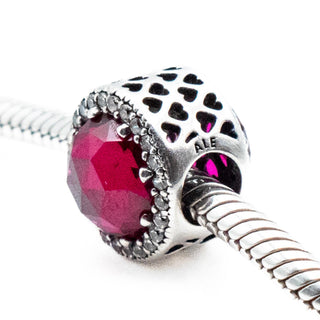 PANDORA Retired Radiant Hearts Sterling Silver Charm With Cerise Crystal