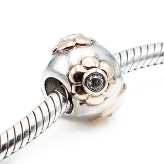 PANDORA Raised Flower Sterling Silver And 14K Gold Charm With Clear Zirconia