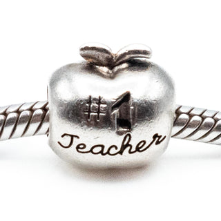 Number One Teacher Apple Charm Sterling Silver Bead