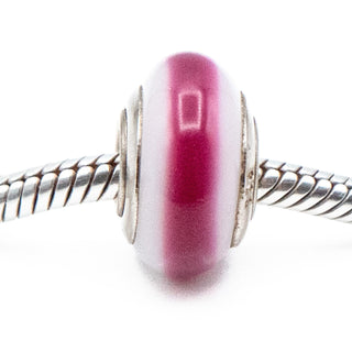 Fuchsia Stripe White Murano Glass Bead Sterling Silver Charm