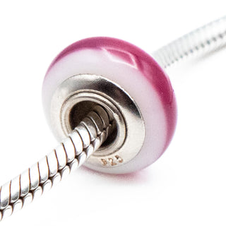 Fuchsia Stripe White Murano Glass Bead Sterling Silver Charm