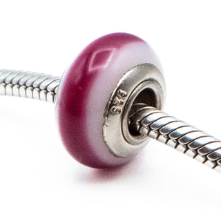 Fuchsia Stripe White Murano Glass Bead Sterling Silver Charm