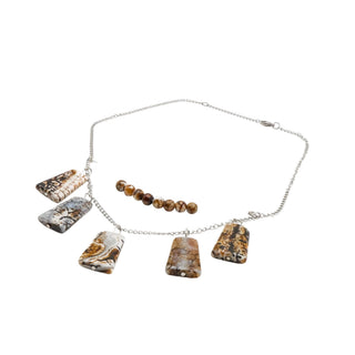 Crazy Lace Agate Necklace Silver Tone Chain Beaded Fringe 18”
