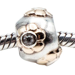 Pandora Rare Raised Flower Sterling Silver And 14K Gold Charm With Clear Zirconia