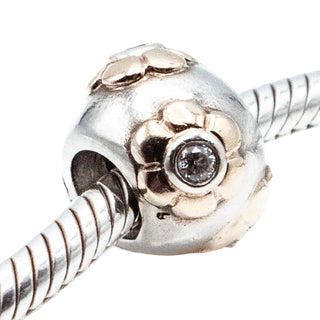 Pandora Rare Raised Flower Sterling Silver And 14K Gold Charm With Clear Zirconia