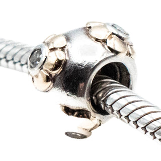 Pandora Rare Raised Flower Sterling Silver And 14K Gold Charm With Clear Zirconia