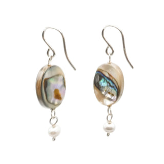 Sterling Silver Abalone & Grey Pearl Dangle Earrings 1 1/2 Inches