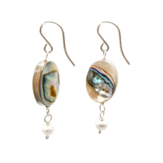 Sterling Silver Abalone & Grey Pearl Dangle Earrings 1 1/2 Inches