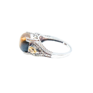 Sterling Silver Tiger's Eye Citrine Three Stone Ring Size 7 Statement Ring