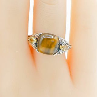 Sterling Silver Tiger's Eye Citrine Three Stone Ring Size 7 Statement Ring