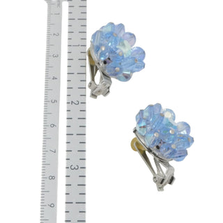 Hobe Blue Aurora Borealis Crystal Flower Clip Earrings Vintage 1"