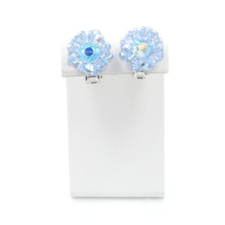 Hobe Blue Aurora Borealis Crystal Flower Clip Earrings Vintage 1"